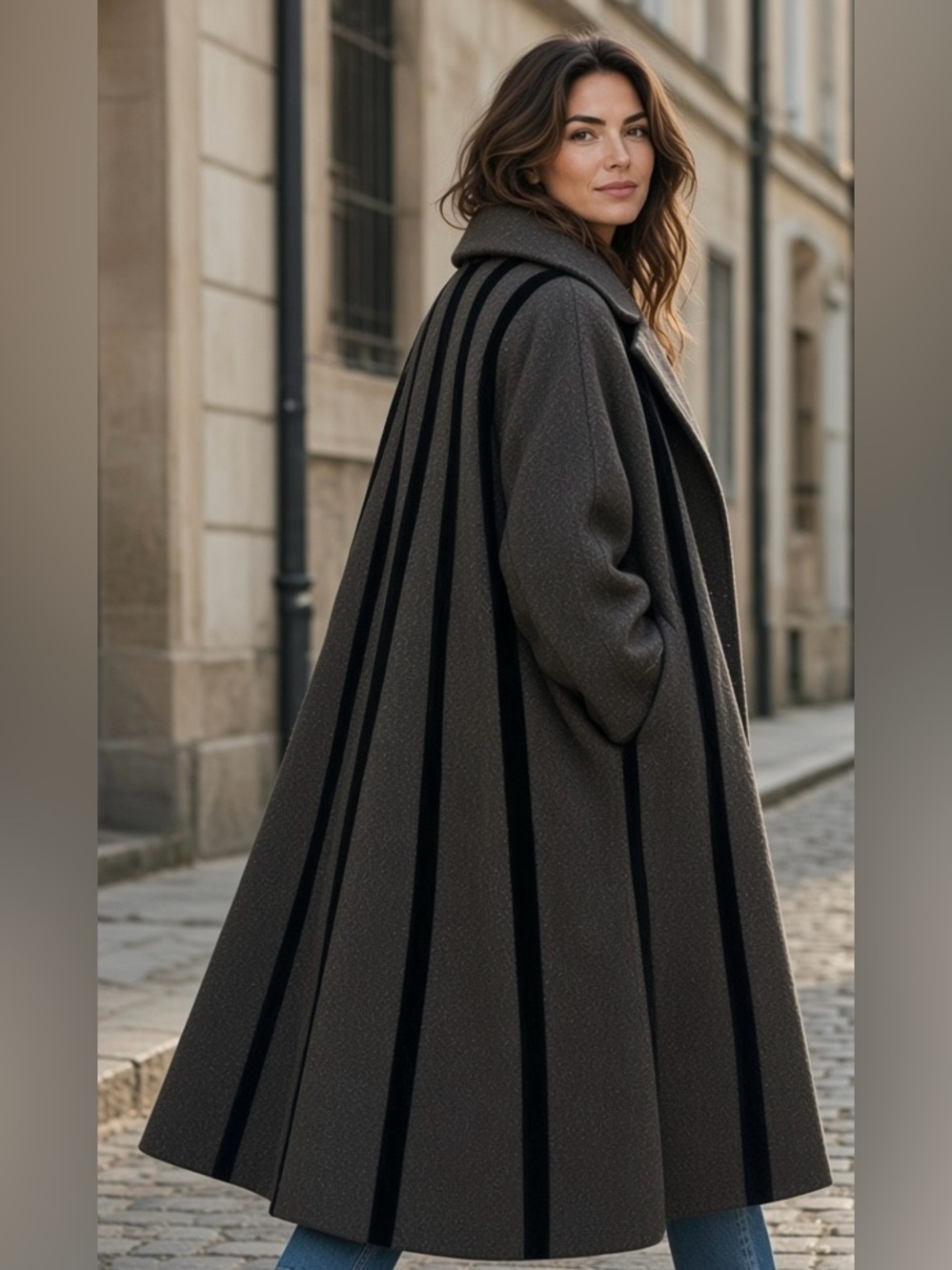 Lillie Ann Black Striped Open-Front Mohair Wool SwingCoat w/ velvet stripes